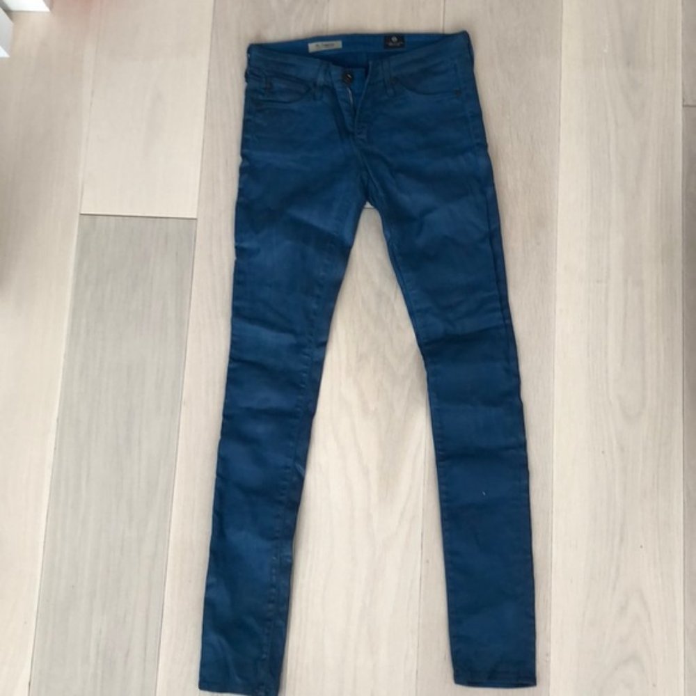 EUC $285 AG Blue coated "the legging" pants 24